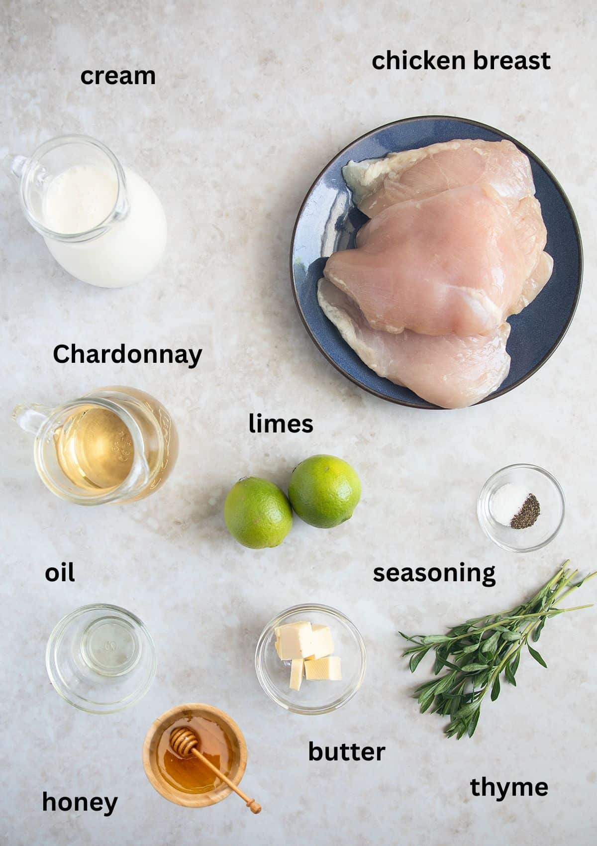 labeled ingredients for making chicken breast with chardonnay, lime and thyme.