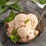 scooped ice cream in a small vintage plate with a spoon and mint leaves.