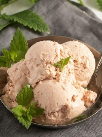scooped ice cream in a small vintage plate with a spoon and mint leaves.
