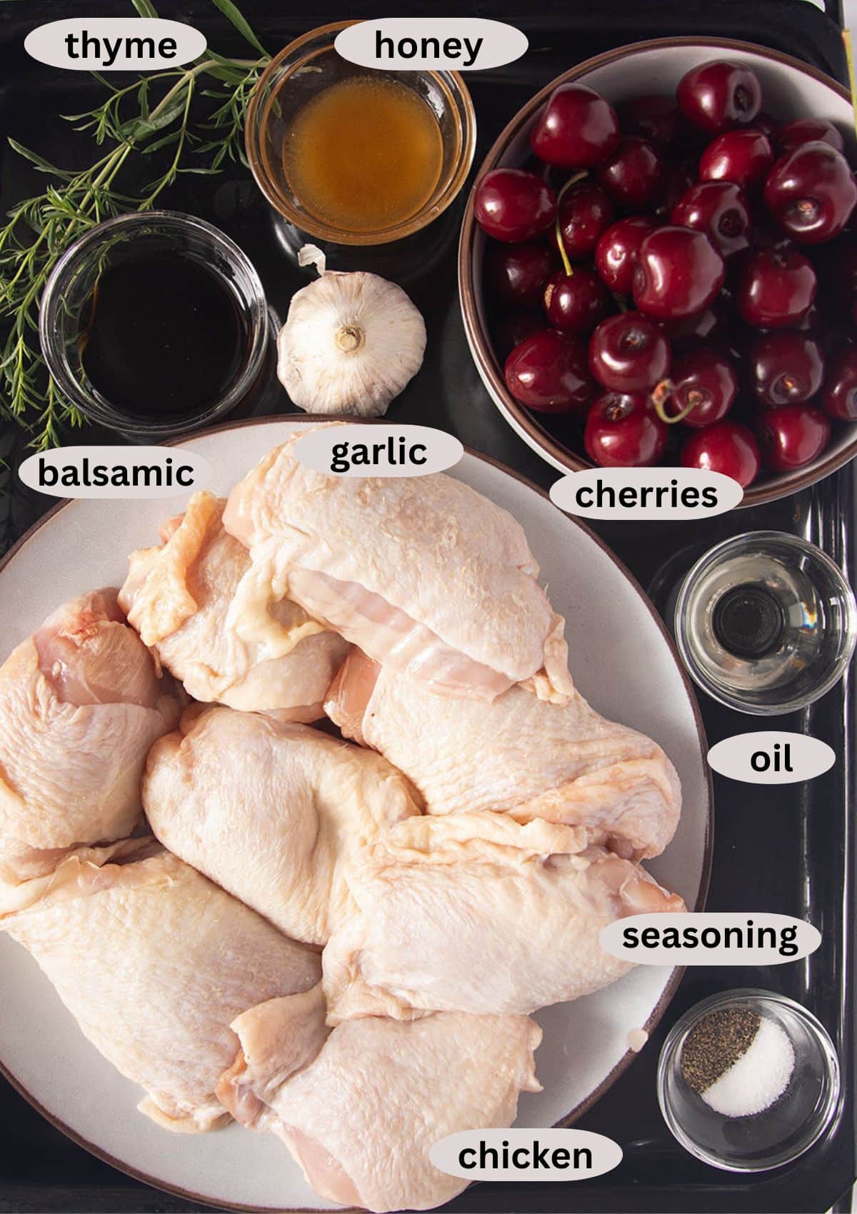 labeled ingredients for making chicken with cherries, balsamic, red onions and honey.