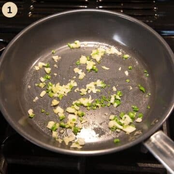 frying chopped onions and green chili in a nonstick pan.