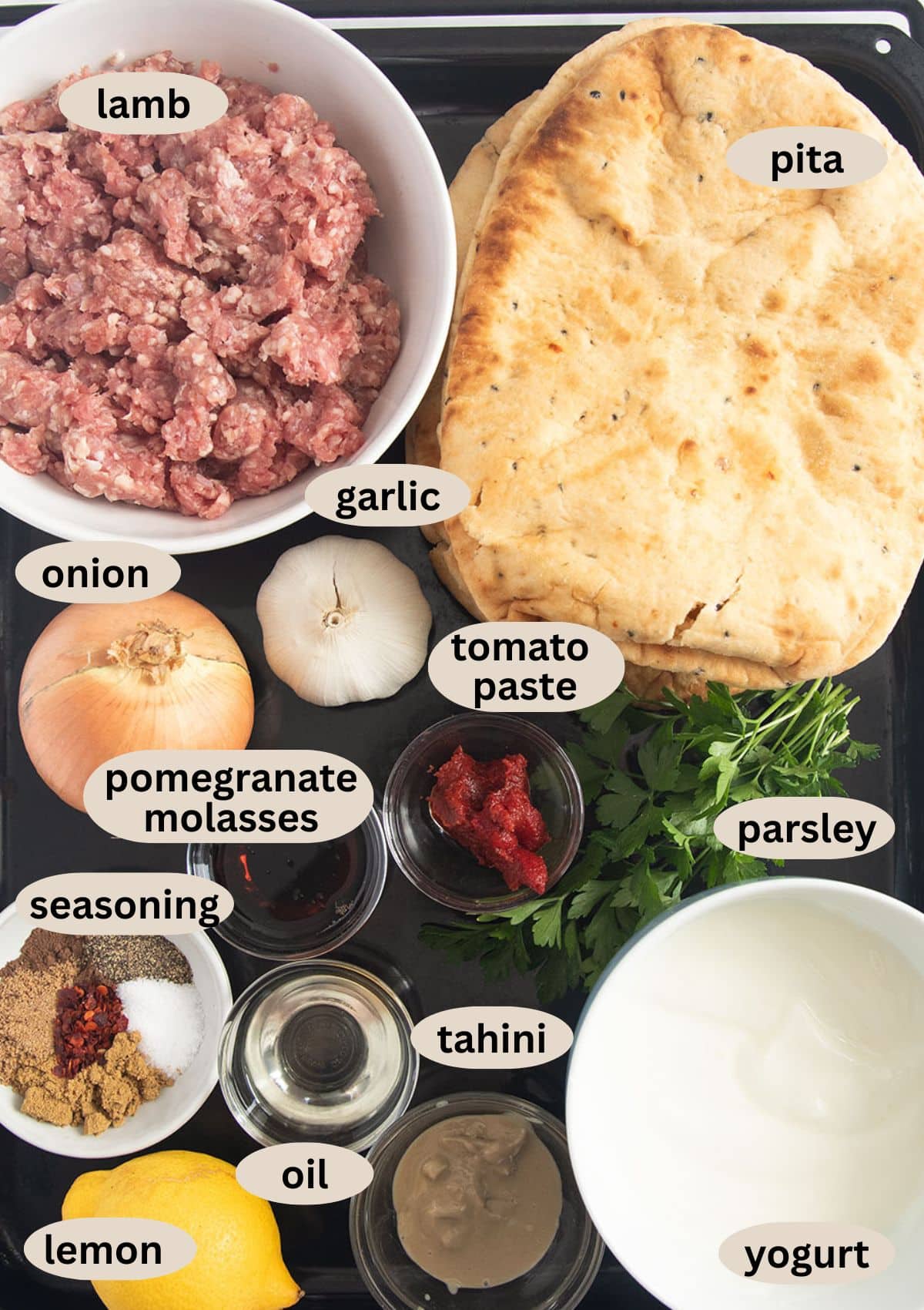 labeled ingredients for making arayes with pita bread, ground lamb, onion, spices, and yogurt.