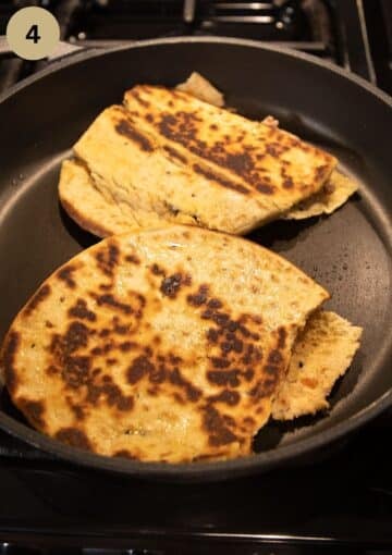 frying two lamb arayes in a nonstick pan.