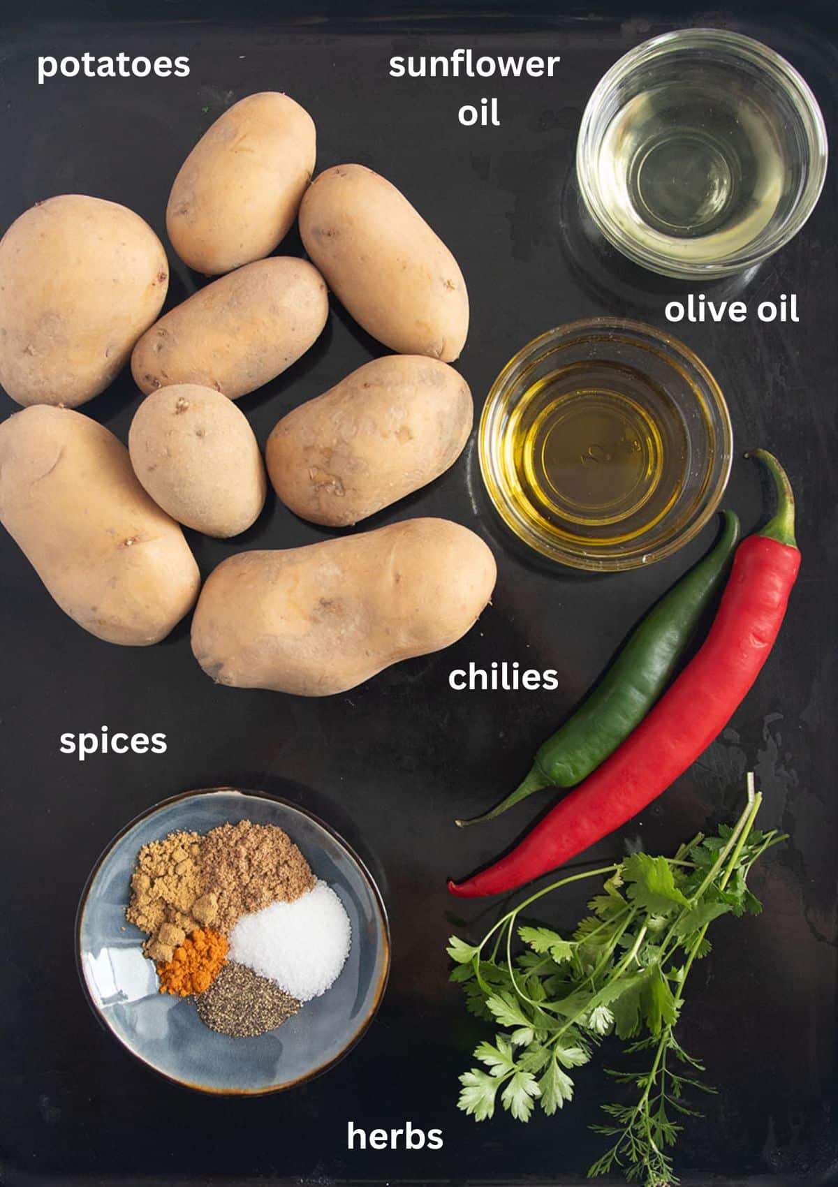 labeled ingredients for making lebanese potatoes with chilies, spices, oil and cilantro.