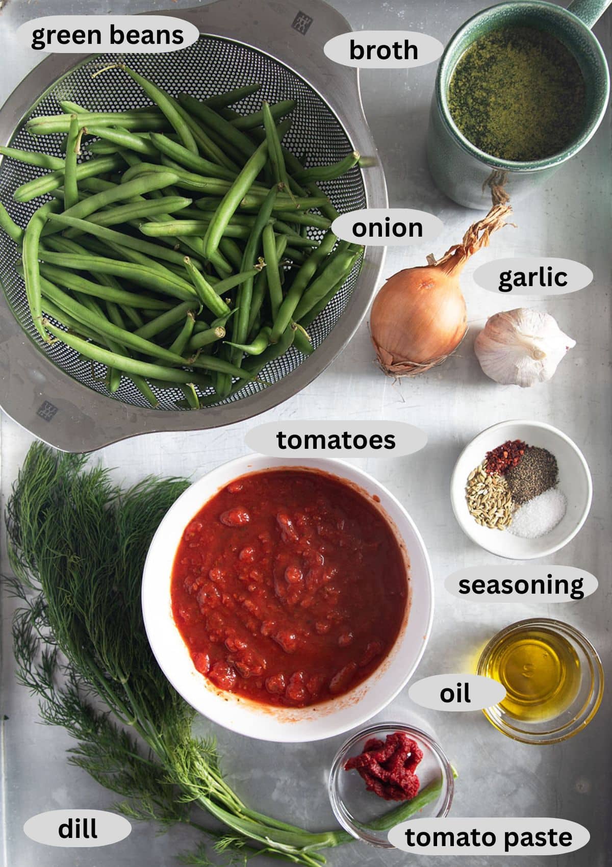 labeled ingredients for making stew with green beans, canned tomatoes, garlic, onion, and dill.