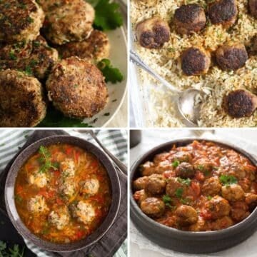 Collage of homemade meatball recipes including soups, sauced meatballs, baked, fried, and with rice.