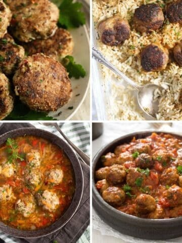 Collage of homemade meatball recipes including soups, sauced meatballs, baked, fried, and with rice.