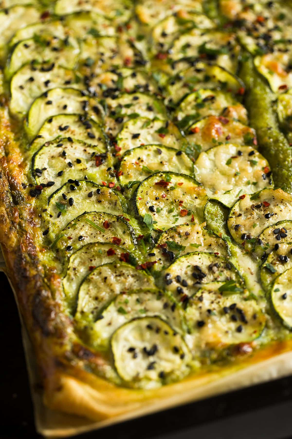 puff pastry tart with zucchini slices and mascarpone.