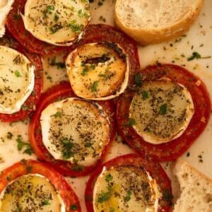 baked goat cheese with tomatoes, honey and herbs.