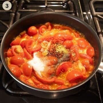 adding lots of spices to simmering tomatoes in a pot. 