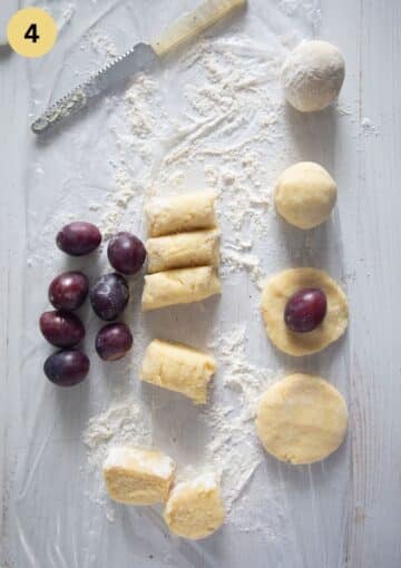 showing how to cut, fill, and form plum dumplings.