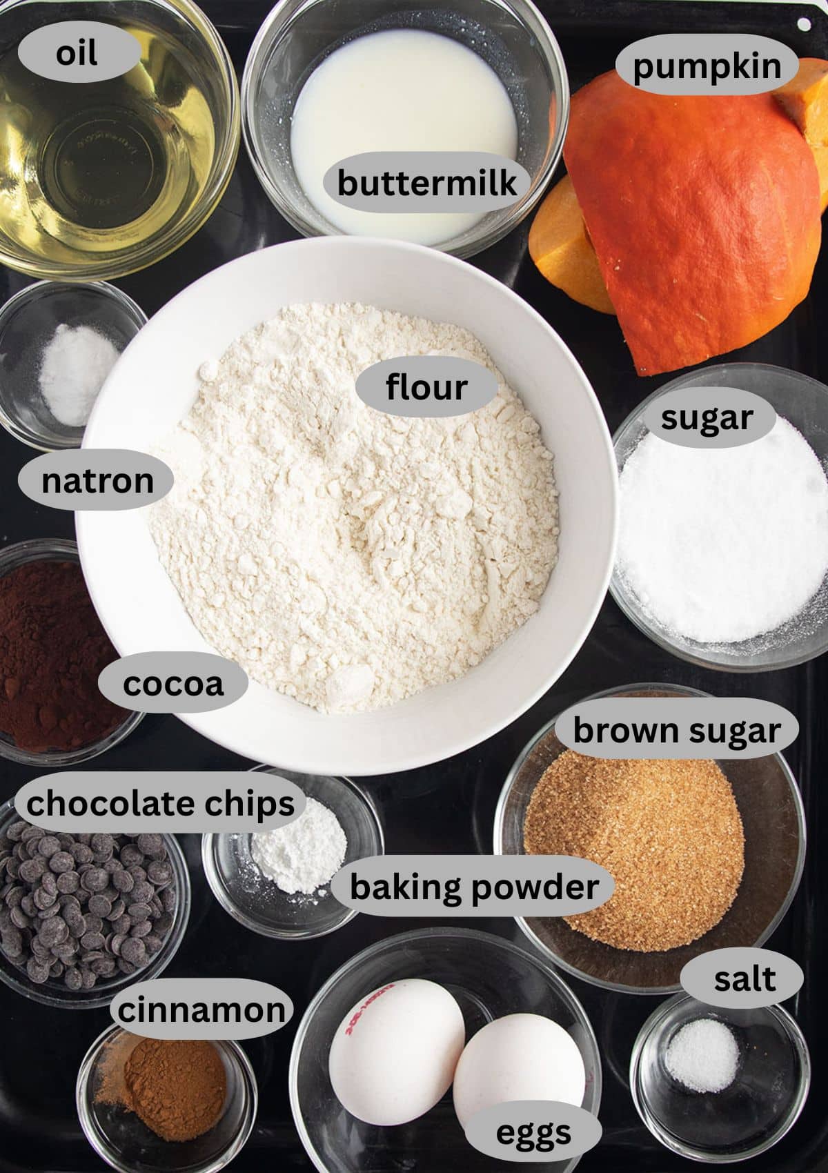 labeled ingredients for making muffins with pumpkin, cocoa, flour, oil, sugar, spices, buttermilk, and leavening agents,