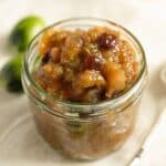 mincemeat with green tomatoes in a small jar.