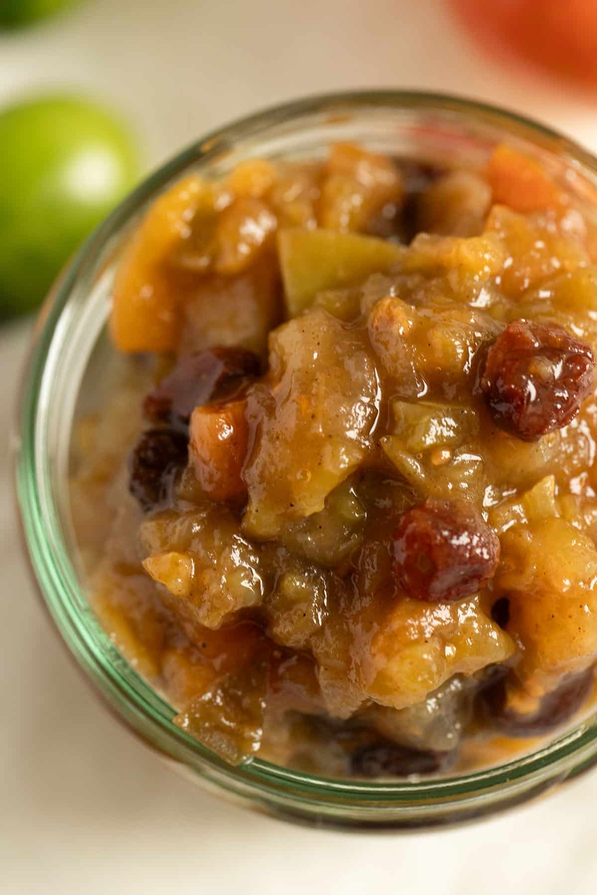 glossy green tomato mincemeat in a jar.