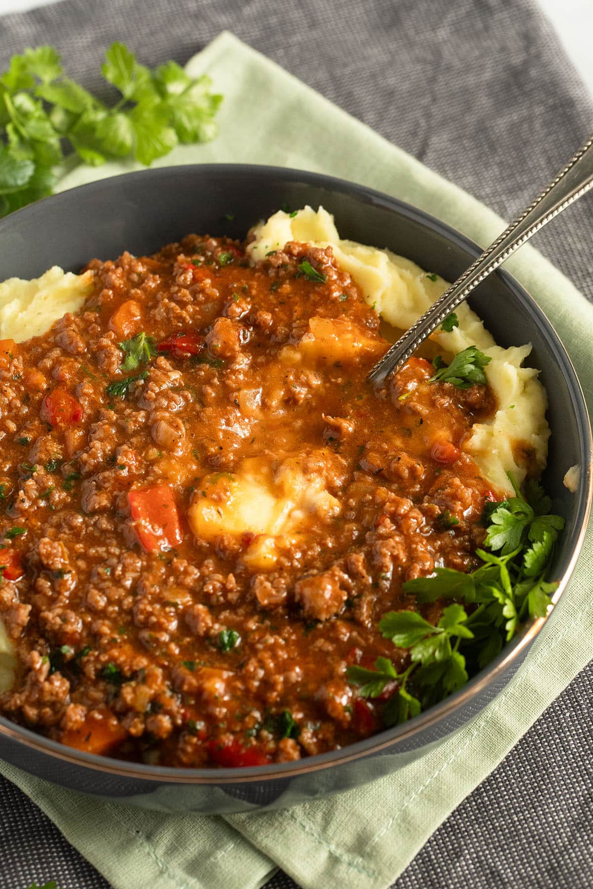 ground beef mashed potatoes served in a bowl with beef sauce on top.