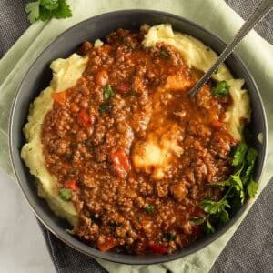 ground beef mashed potatoes with parsley in a bowl with a spoon in it.