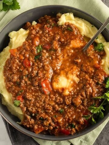 ground beef mashed potatoes with parsley in a bowl with a spoon in it.