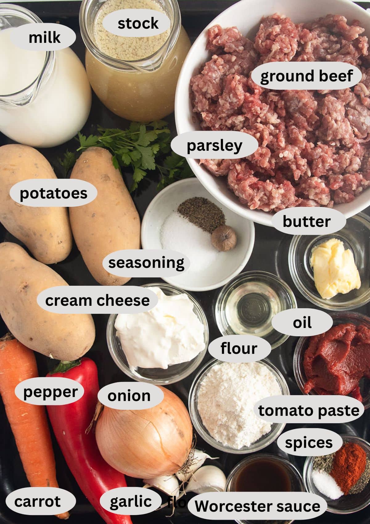 labeled ingredients for making ground beef sauce and mashed potatoes.
