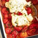 pinterest image with the title roasted feta and tomatoes.