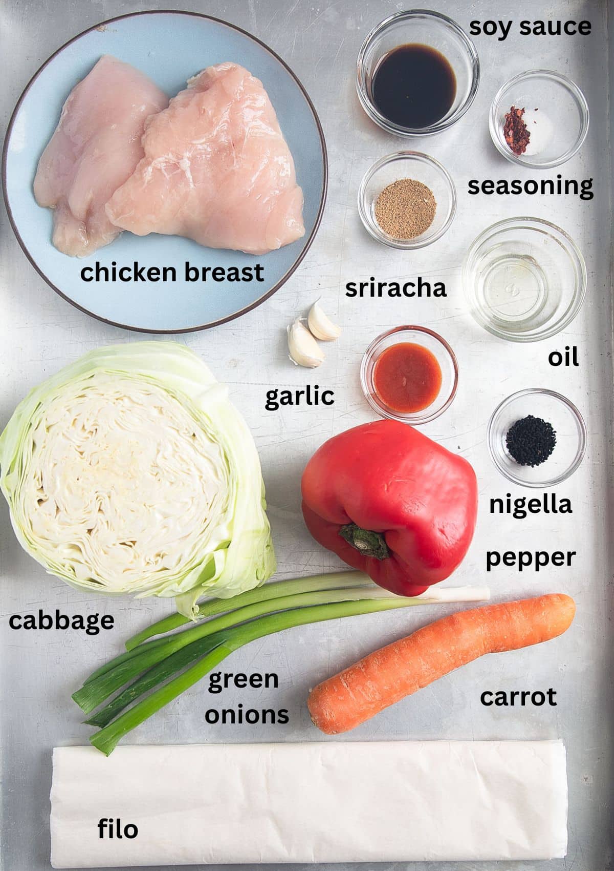 labeled ingredients for making parcels with chicken breast, cabbage, carrots, pepper, green onions, filo, and seasoning.