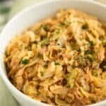 pin image with the title creamy savoy cabbaeg.