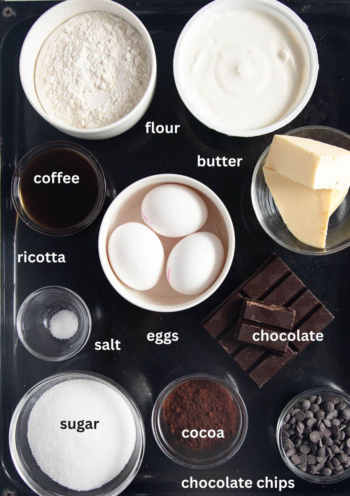 labeled ingredients for making chocolate cake with ricotta, cocoa, butter, eggs, flour, sugar, and chocolate chips.