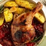 pinterest image with the title duck with plum sauce.