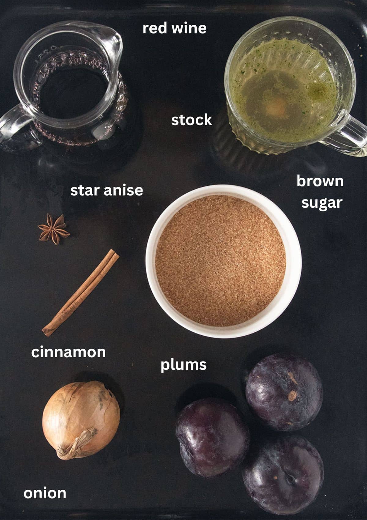 labeled ingredients needed to make plum sauce for duck with red wine, brown sugar, plums and cinnamon.