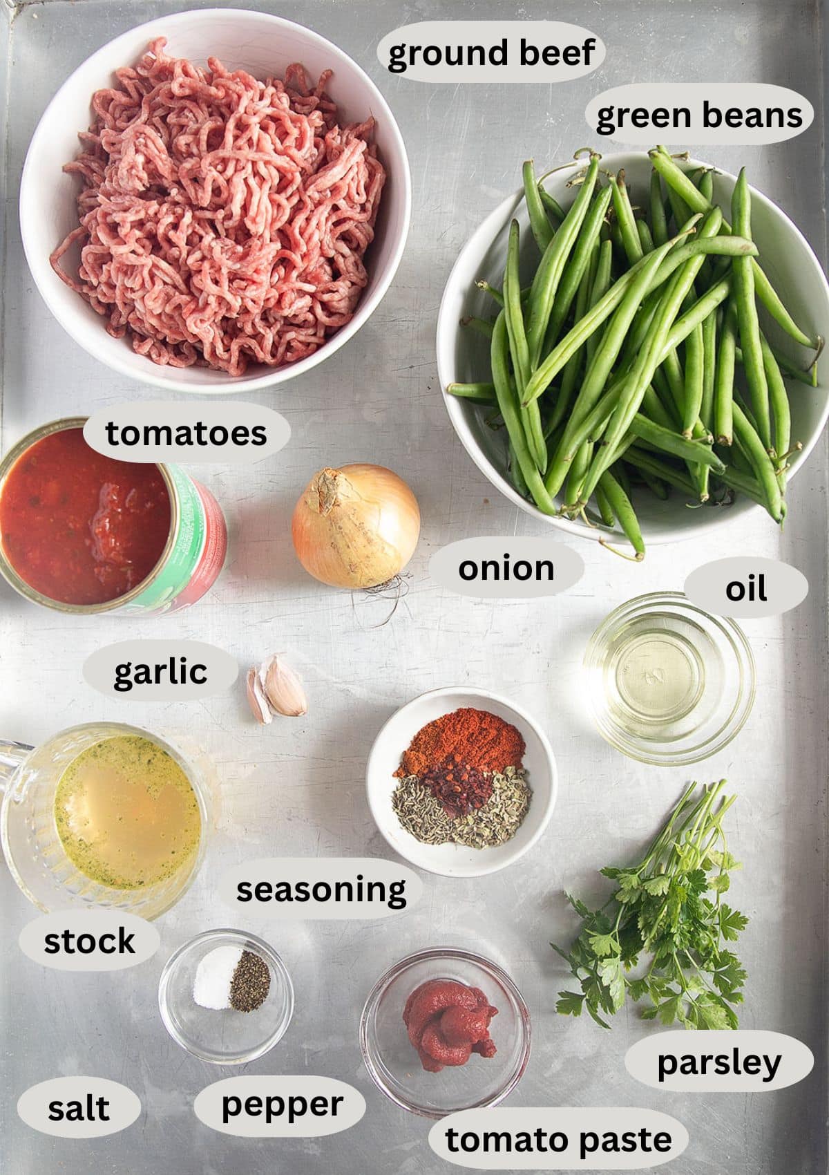 labeled ingredients for making ragu with green beans, ground beef, diced tomatoes, seasoning, and broth.