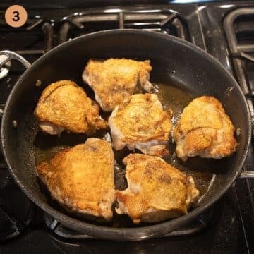 searing six chicken thighs in a large pan.