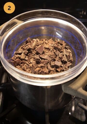 chopped dark chocolate in a double boiler before melting.