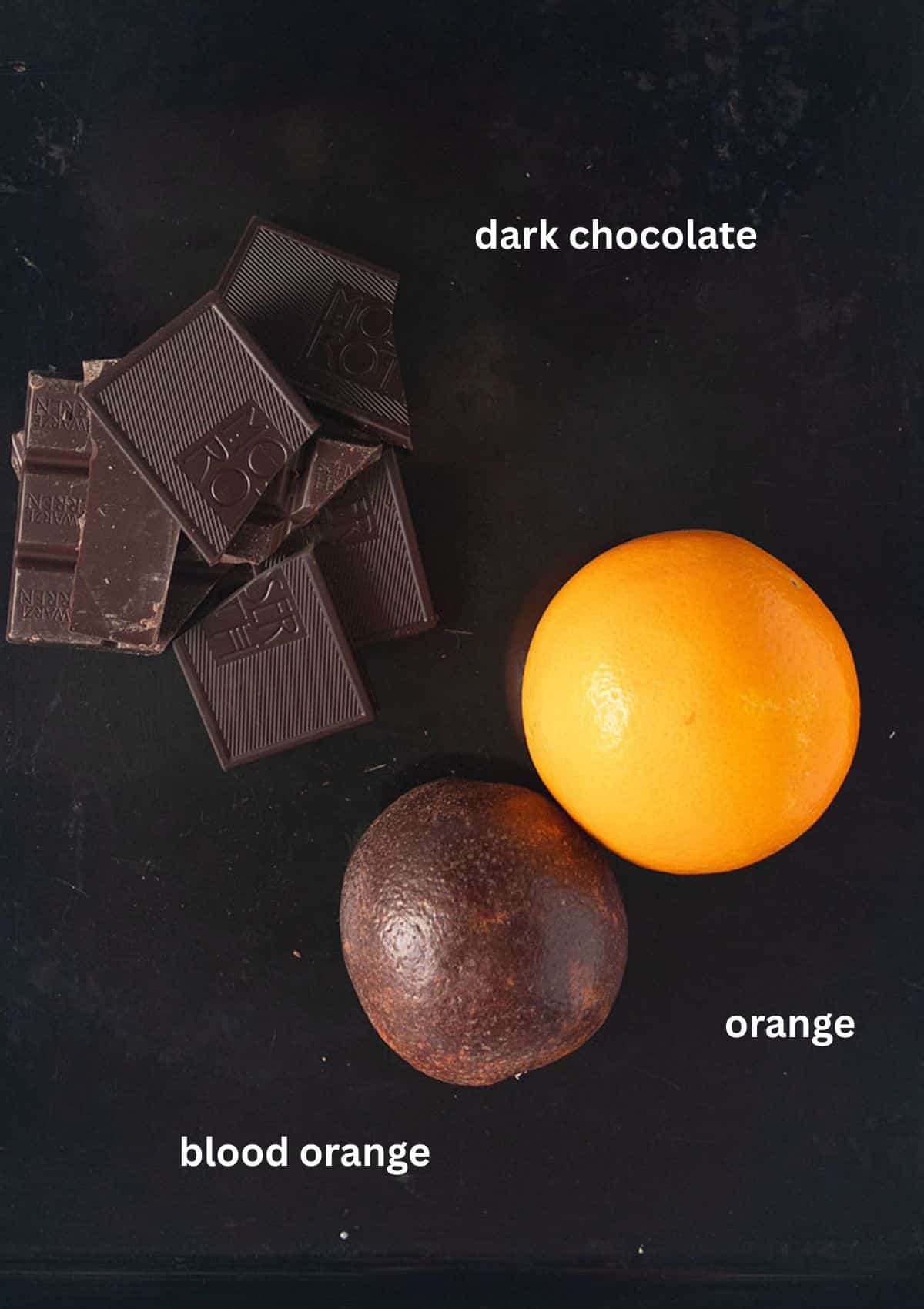one orange, one blood orange and dark chocolate, all labeled.