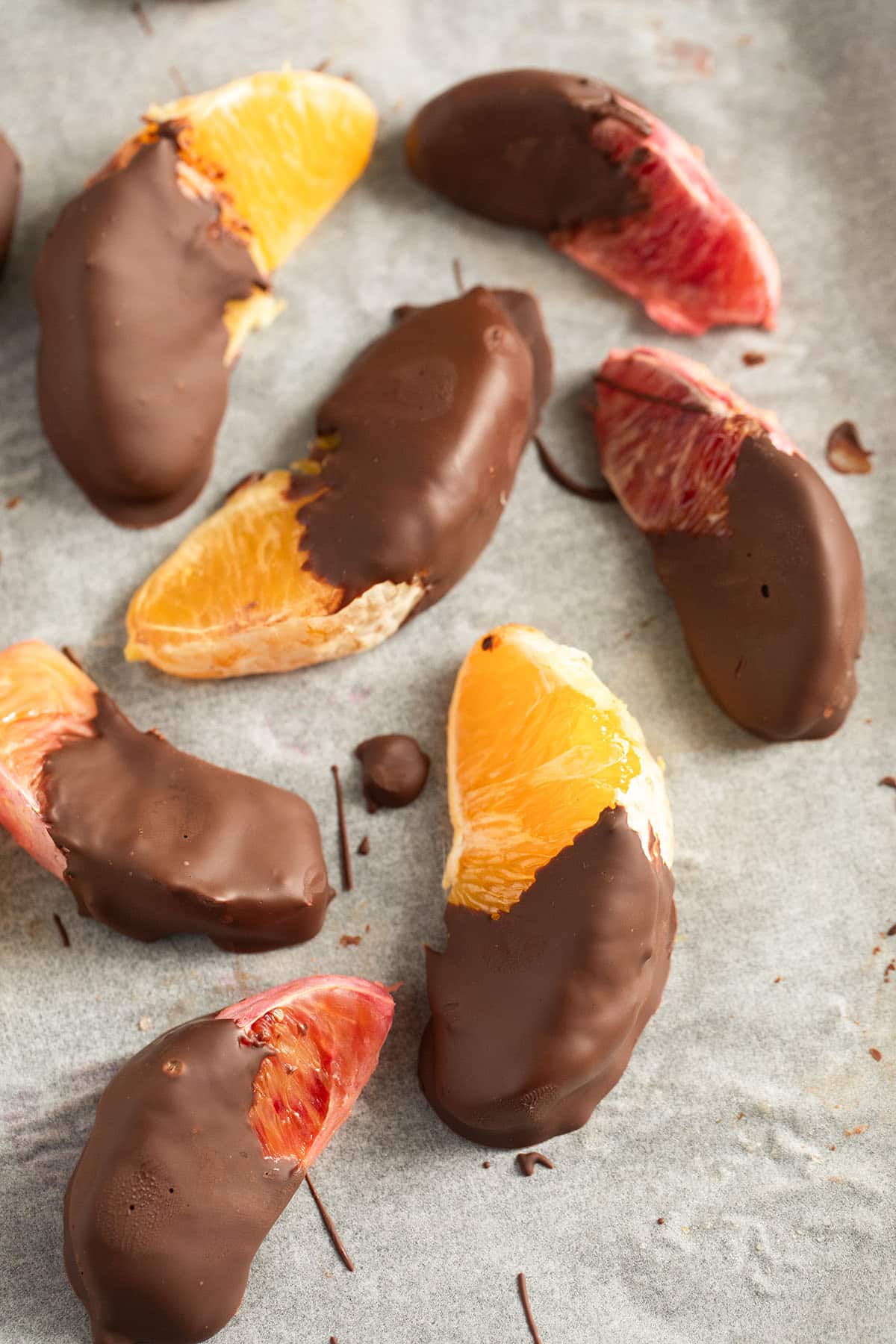 blood orange and regular orange slices dipped in chocolate.