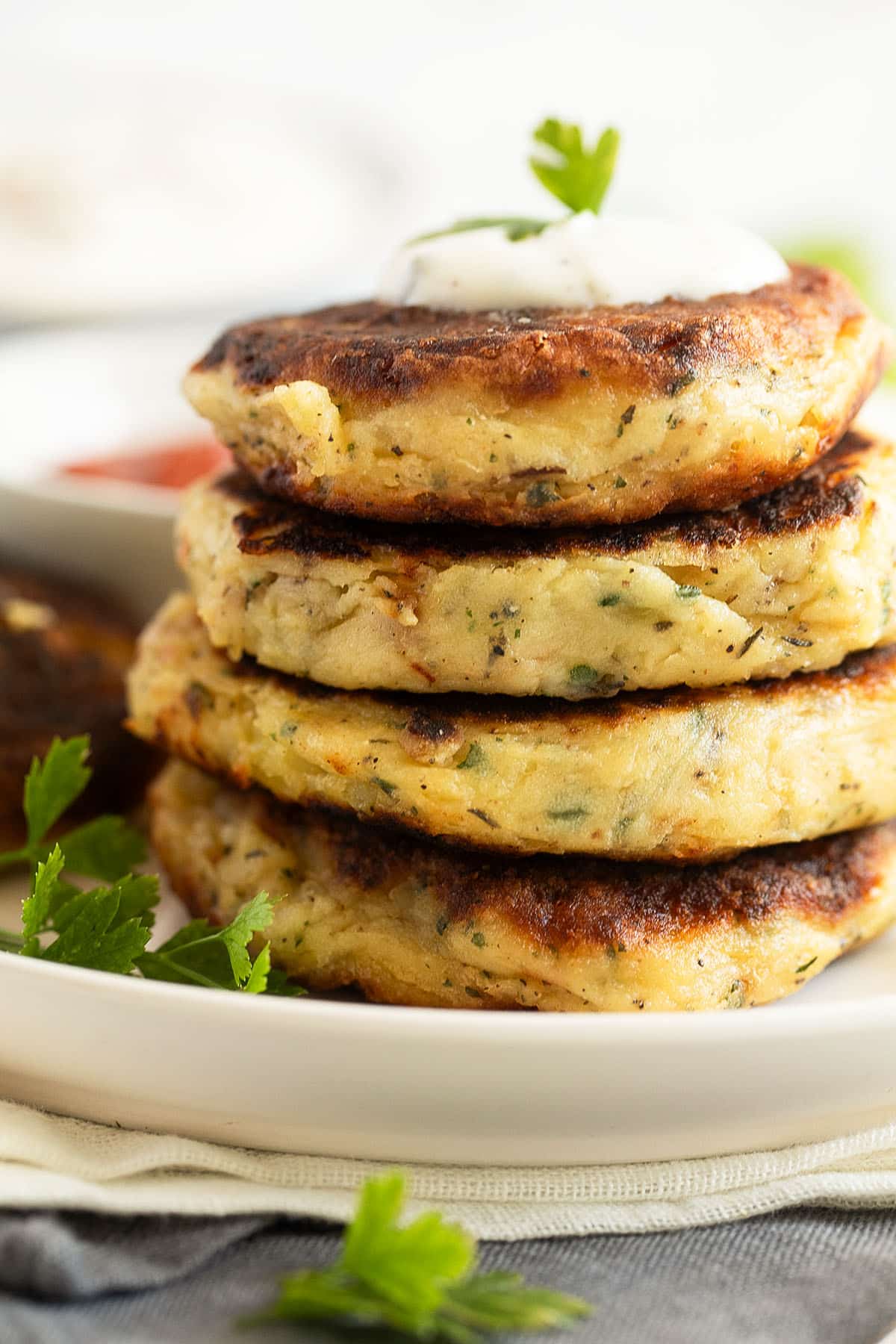 stapled mashed potato patties on a plate garnished with parsley.