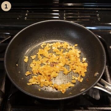 cooking onions in butter to make potato cakes.