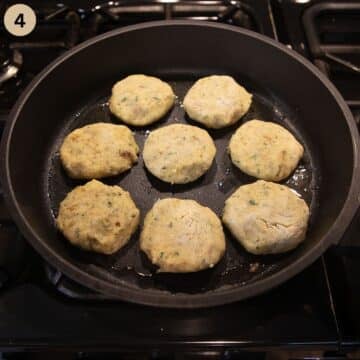 frying eight mashed potato cakes in a nonstick pan.