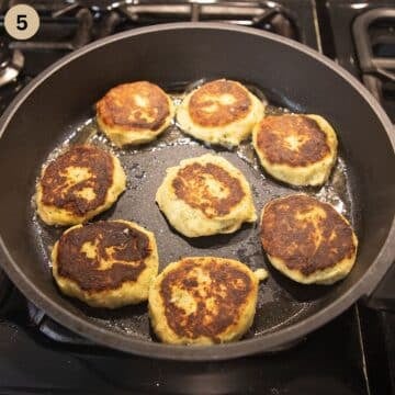 frying mashed potato patties in a large pan.