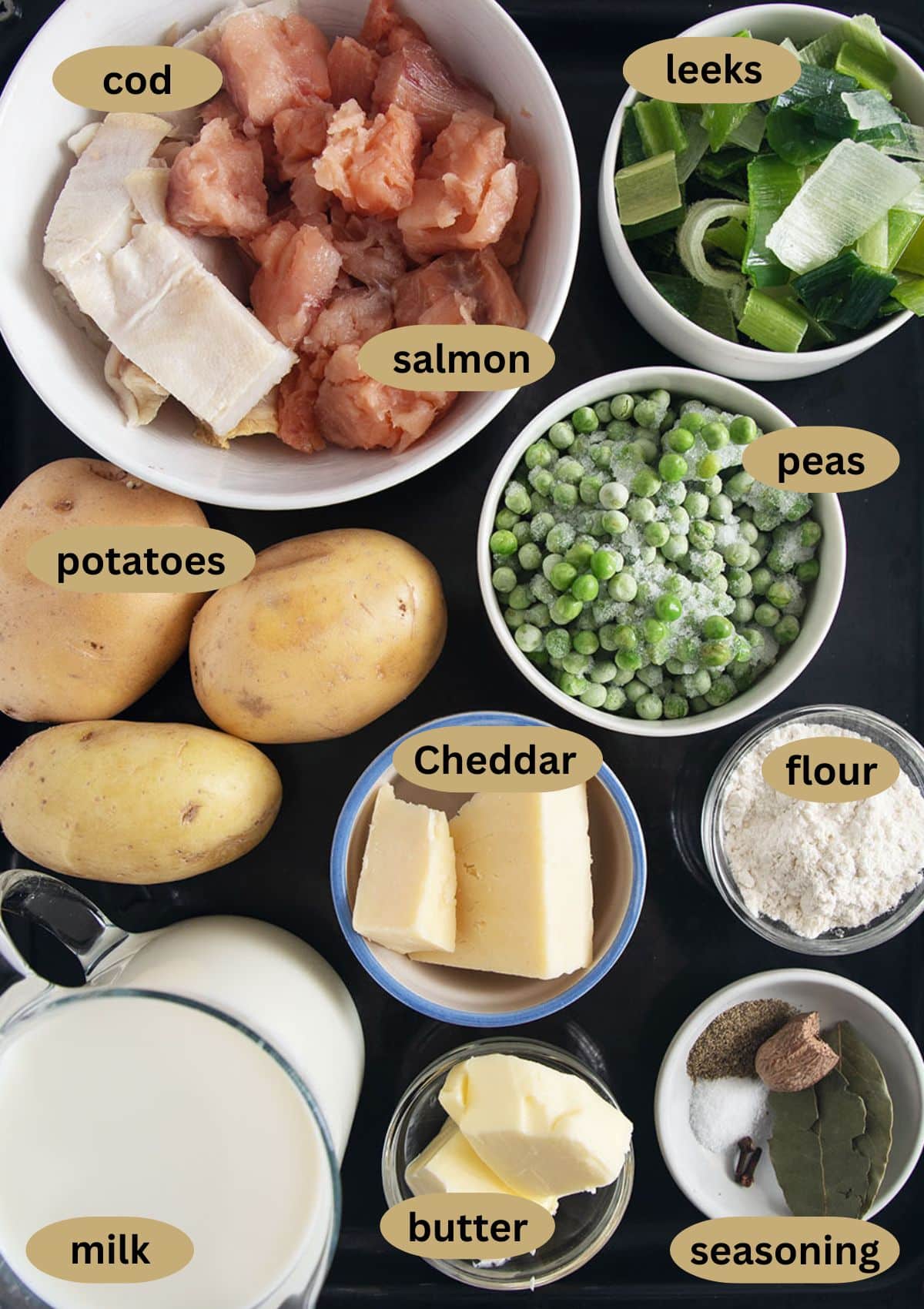 labeled ingredients for making fish pie with salmon, cod, and mashed potatoes.