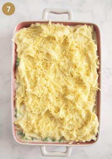 unbaked fish pie with mashed potatoes and grated cheese on top.