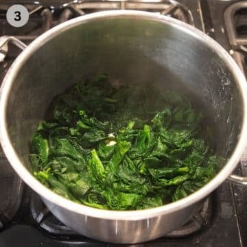 wilted spinach in a large pot on the stovetop.