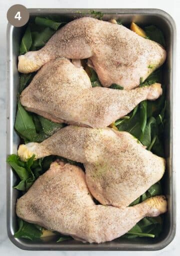four raw and seasoned chicken quarters in a roasting pan before baking.