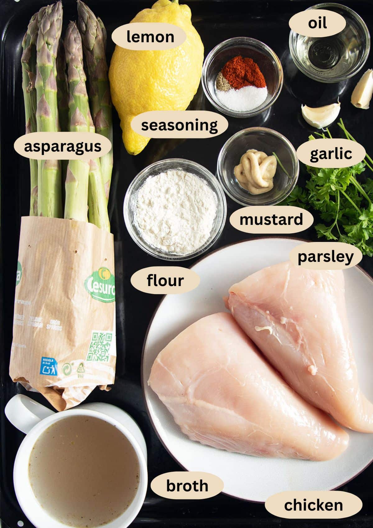 labeled ingredients for making chicken breast with aspragus and lemon.