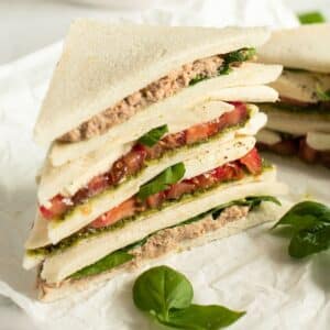 tramezzini recipe with two fillings: tuna and mozzarella and tomatoes.