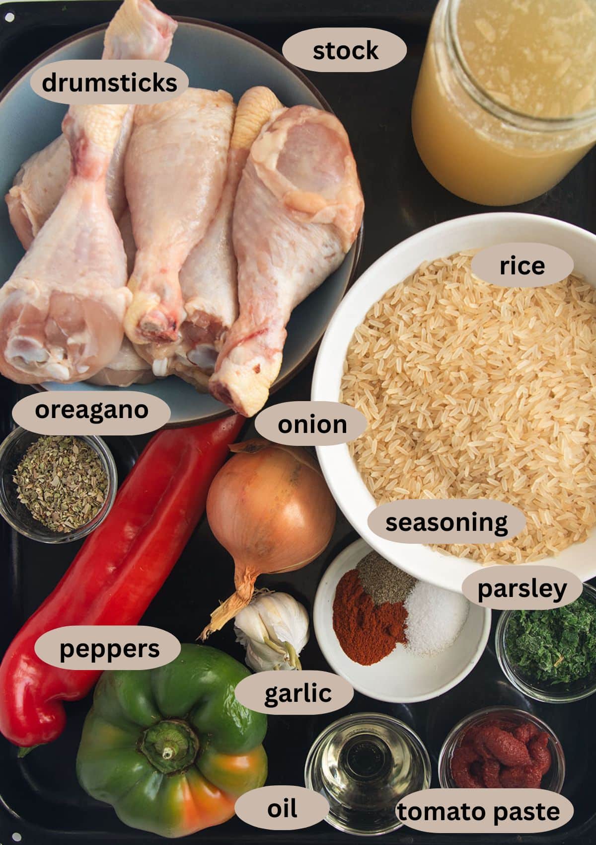labeled ingredients for cooking chicken drumsticks with rice and peppers.