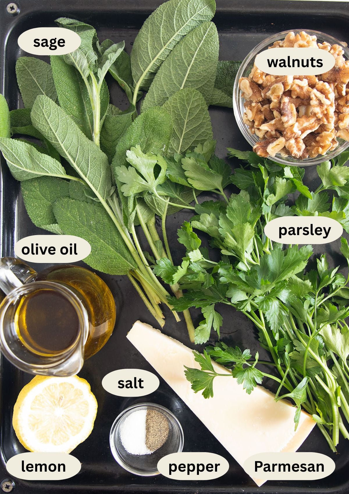 labeled ingredients for making sage pesto with walnuts, parsley, parmesan, olive oil, and lemon.