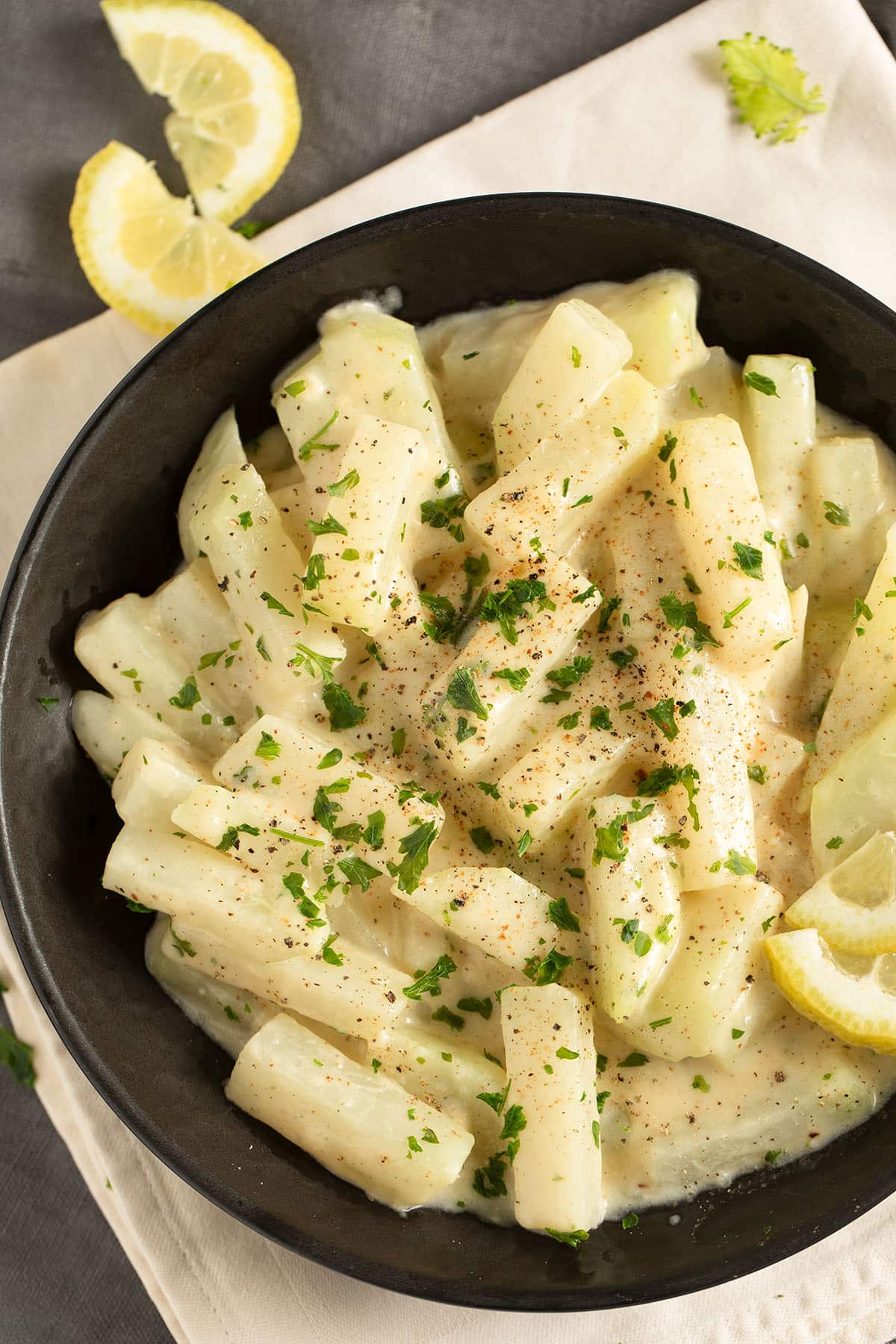 german kohlrabi with creamy bechamel in a bowl.
