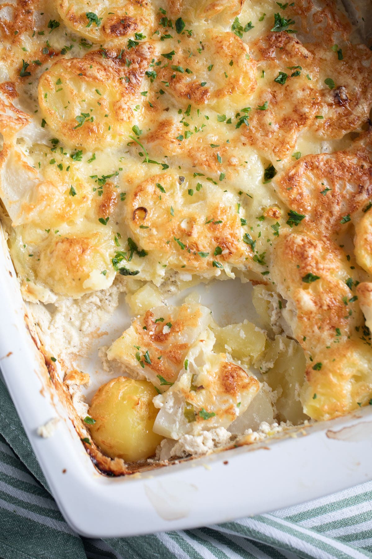 kohlrabi gratin with potatoes with creamy sauce in a large casserole dish.