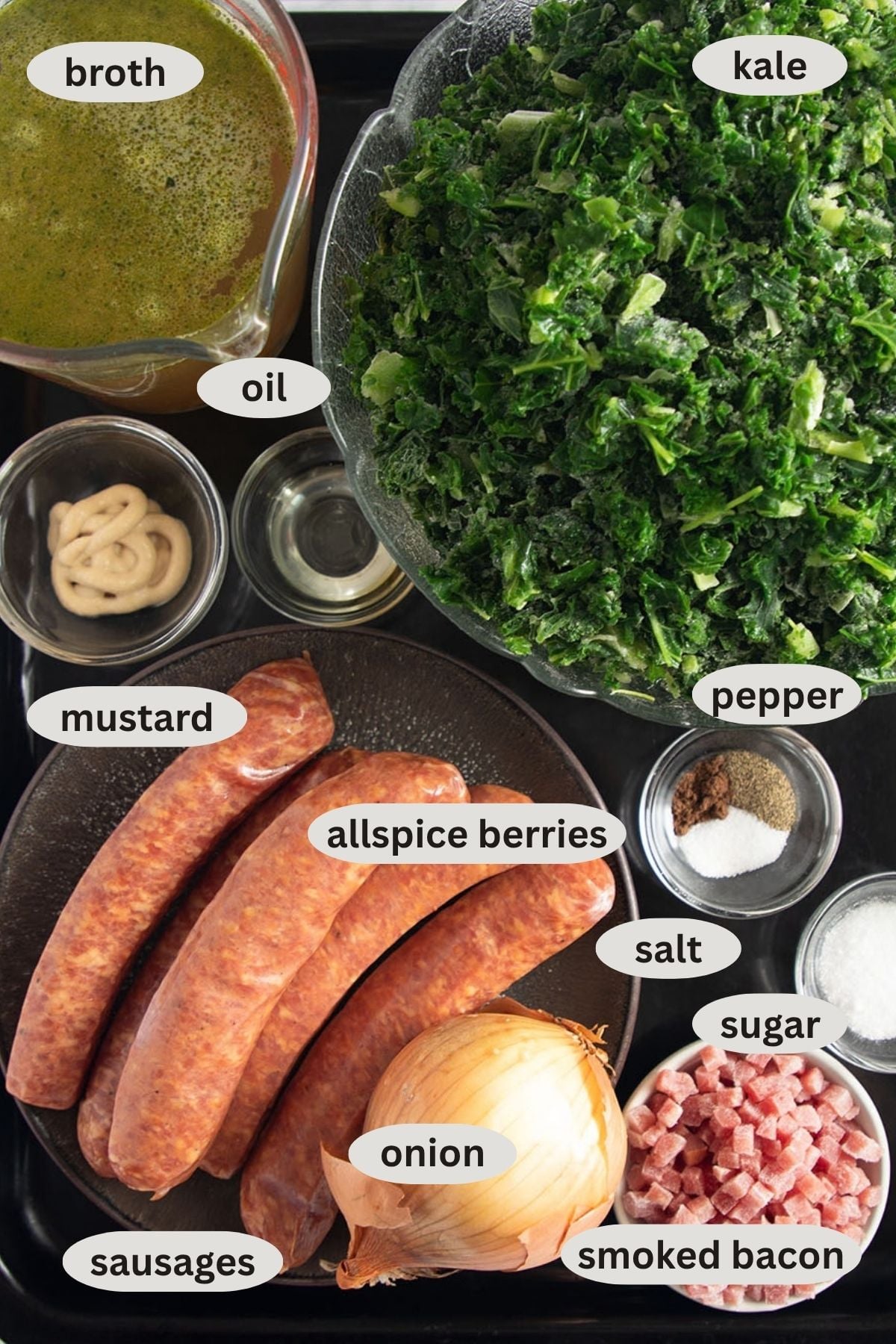 labeled ingredients for making german kale with sausages and bacon.