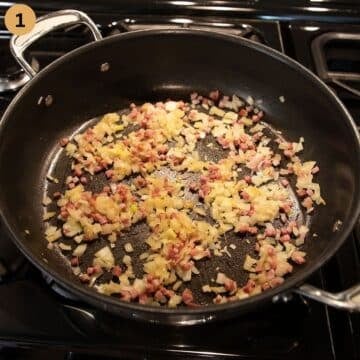 sauteing bacon and onions for making kale in a large pot.