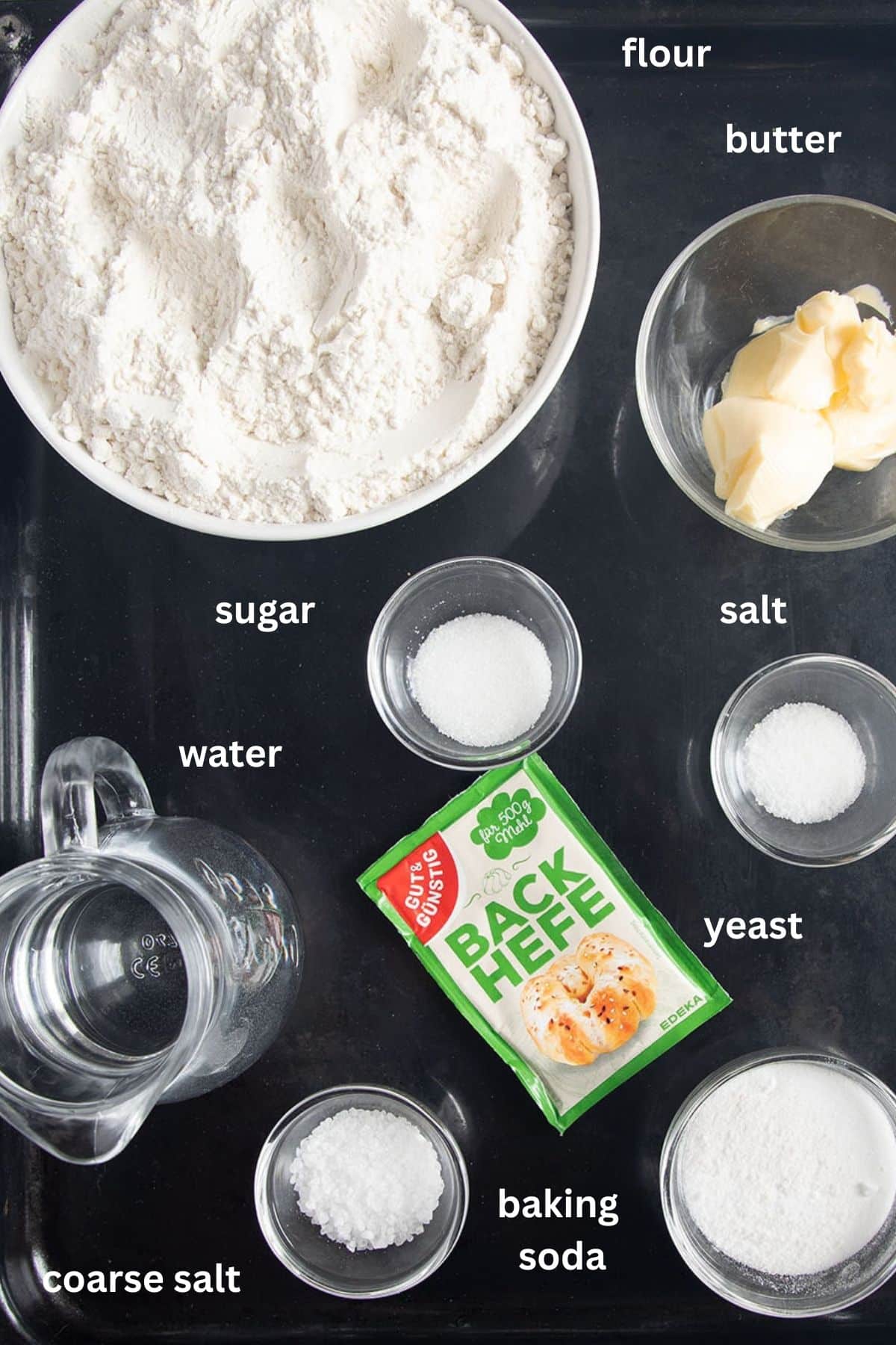 labeled ingredients for making german pretzels.